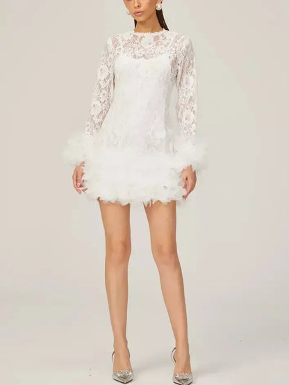 Lace with Petal-Tulle Detail Mini Dress - Dresses