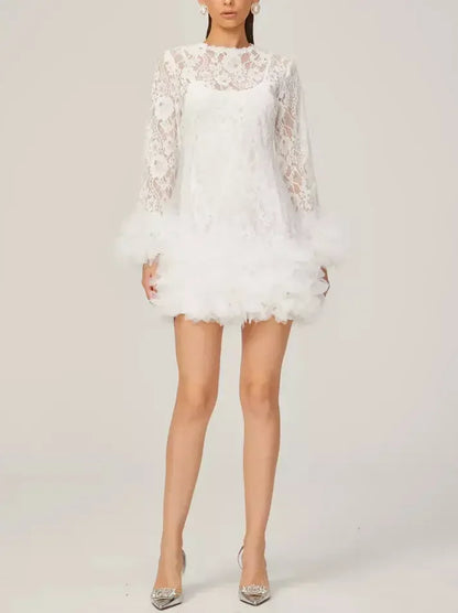 Lace with Petal-Tulle Detail Mini Dress - Dresses