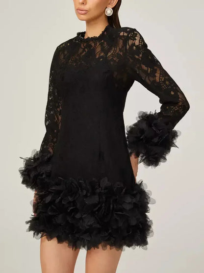 Lace with Petal-Tulle Detail Mini Dress - Dresses