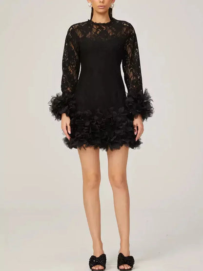 Lace with Petal-Tulle Detail Mini Dress - Dresses