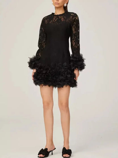 Lace with Petal-Tulle Detail Mini Dress - Dresses