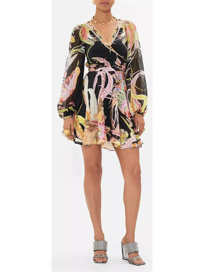 Lady Of The Moon Short Wrap Tie Dress - Dresses