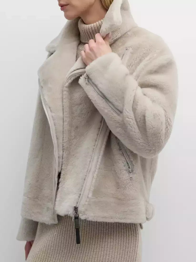 Beige faux fur moto jacket, featuring Lamb Shearling Fur in stylish greige color