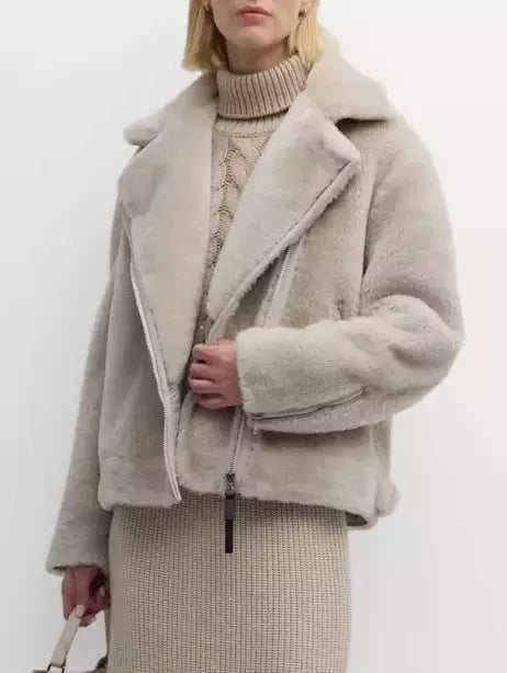 Beige faux fur moto jacket, featuring lamb shearling fur in a stylish biker design