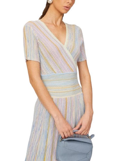 Lamé Effect Knit Striped V-Neck Dress - Dresses