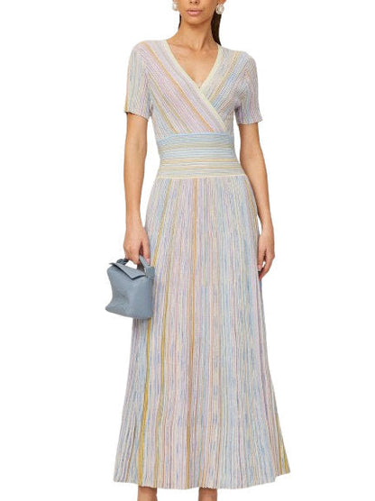 Lamé Effect Knit Striped V-Neck Dress - Dresses