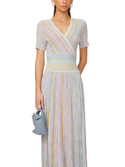 Lamé Effect Knit Striped V-Neck Dress - Dresses