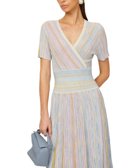 Lamé Effect Knit Striped V-Neck Dress - Dresses