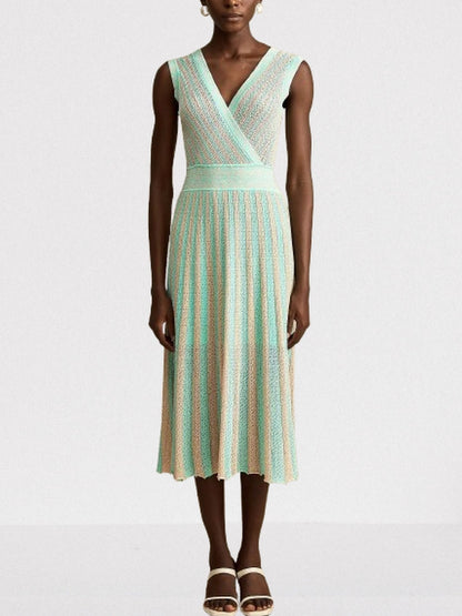 Lamé Effect Sleeveless Knit V-Neck Midi Dress - Dresses