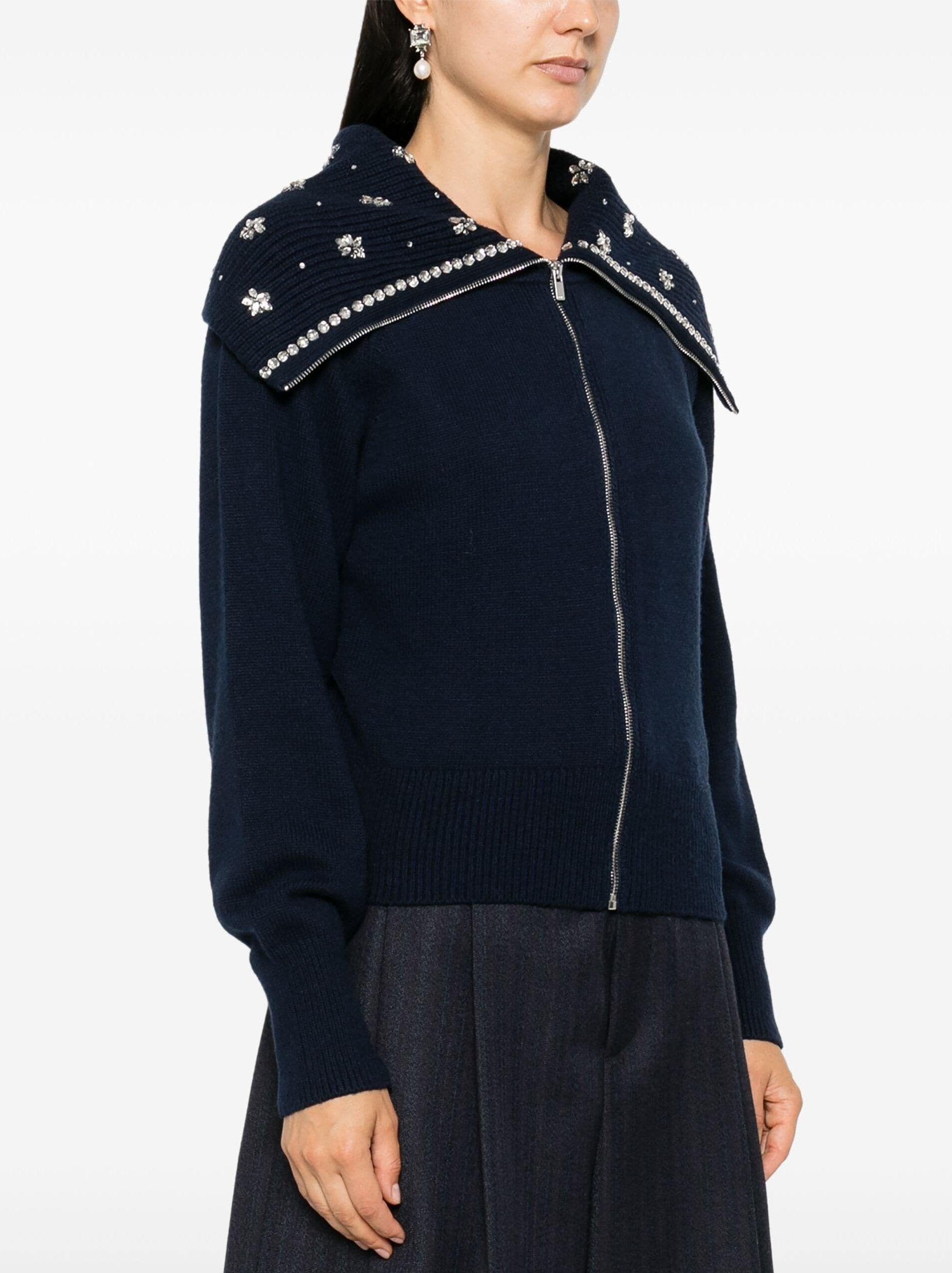 Large-Collar Crystal-Embellished Cardigan Sweater in Navy - Sweaters & Knitwear