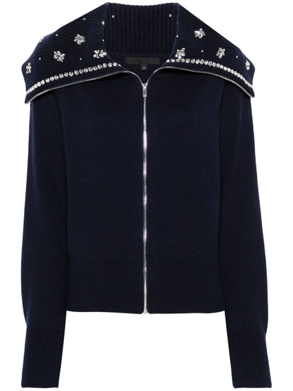 Large-Collar Crystal-Embellished Cardigan Sweater in Navy - Sweaters & Knitwear