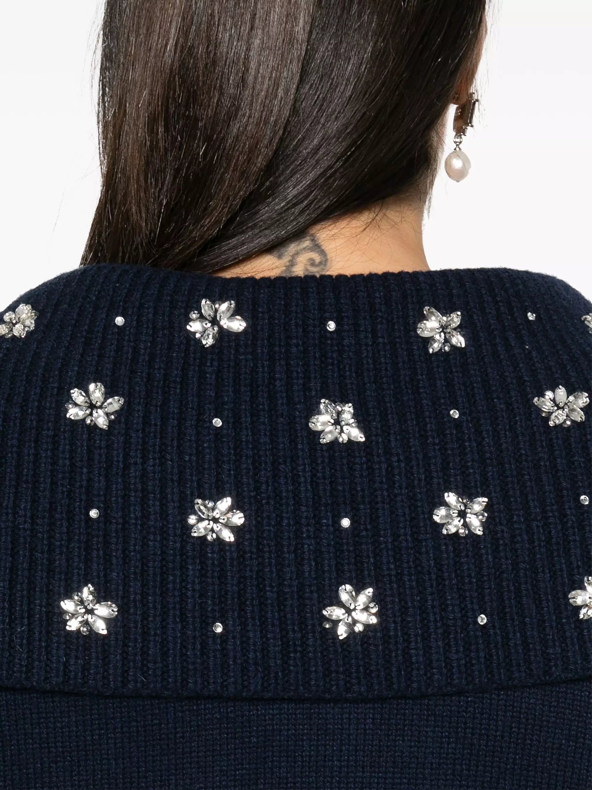 Large-Collar Crystal-Embellished Cardigan Sweater in Navy - Sweaters & Knitwear