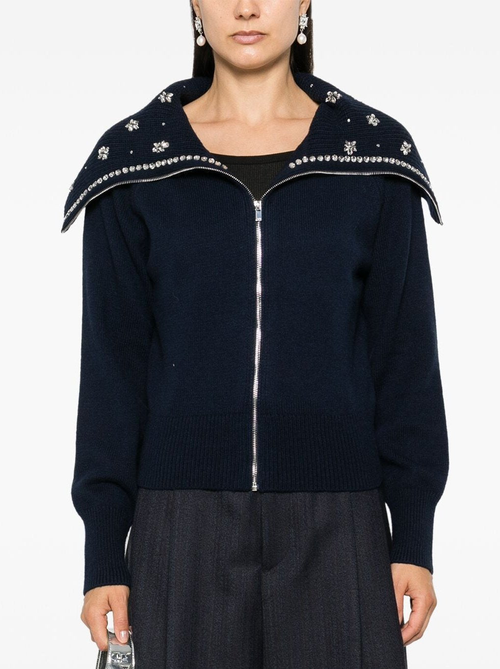 Large-Collar Crystal-Embellished Cardigan Sweater in Navy - Sweaters & Knitwear