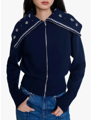 Large-Collar Crystal-Embellished Cardigan Sweater in Navy - Sweaters & Knitwear