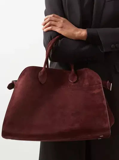 Large Suede Top-Handle Tote in Burgundy - 15 x 11 x 9 in - Handbags