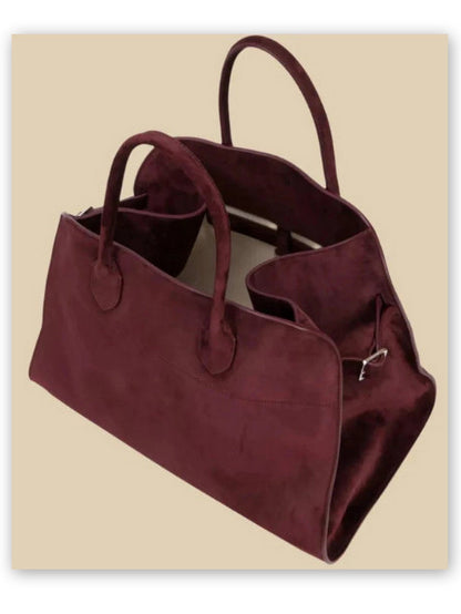 Large Suede Top-Handle Tote in Burgundy - 15 x 11 x 9 in - Handbags