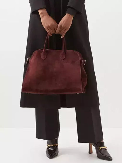 Large Suede Top-Handle Tote in Burgundy - 15 x 11 x 9 in - Handbags