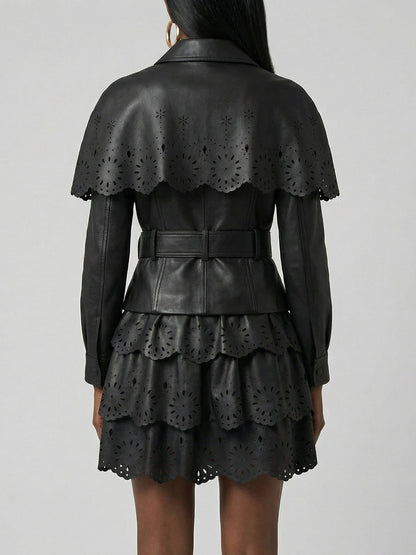 Laser-Cut Faux-Leather Jacket & Skirt Set - Suits & Sets