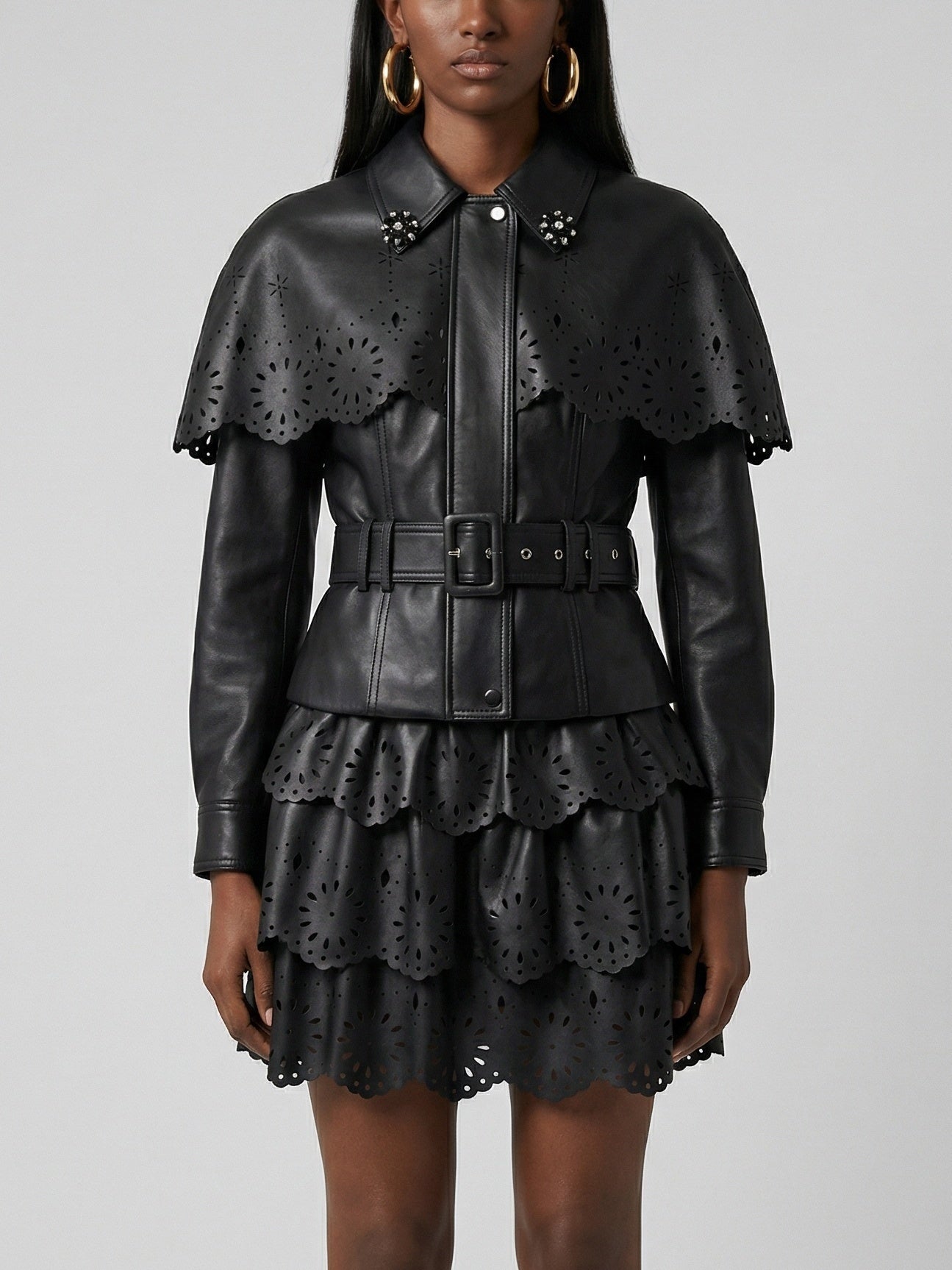 Laser-Cut Faux-Leather Jacket & Skirt Set - Small / Black - Suits & Sets