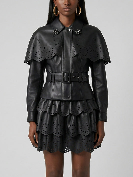Laser-Cut Faux-Leather Jacket & Skirt Set - Small / Black - Suits & Sets