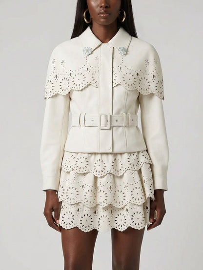 Laser-Cut Faux-Leather Jacket & Skirt Set - Small / Off-White - Suits & Sets