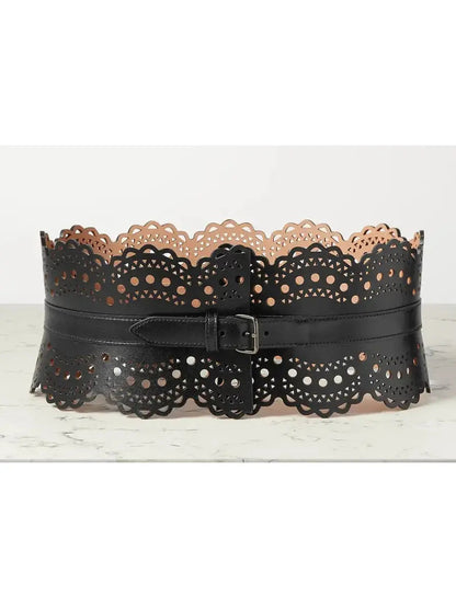 Laser-Cut Leather Corset Waist Belt in Black - Accessories