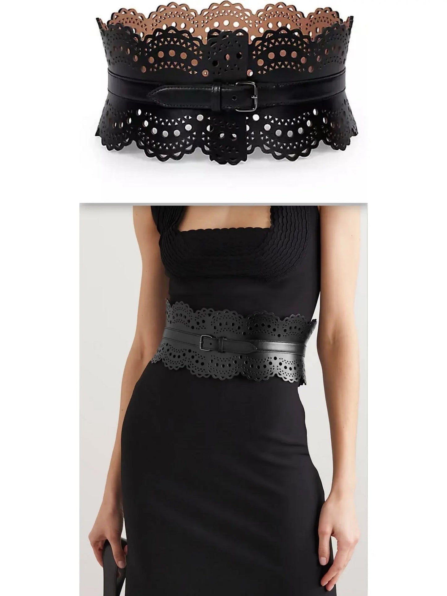 Laser-Cut Leather Corset Waist Belt in Black - Accessories