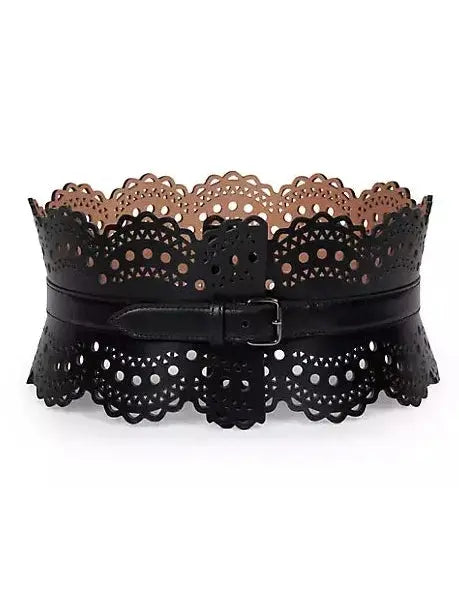 Laser-Cut Leather Corset Waist Belt in Black - Accessories