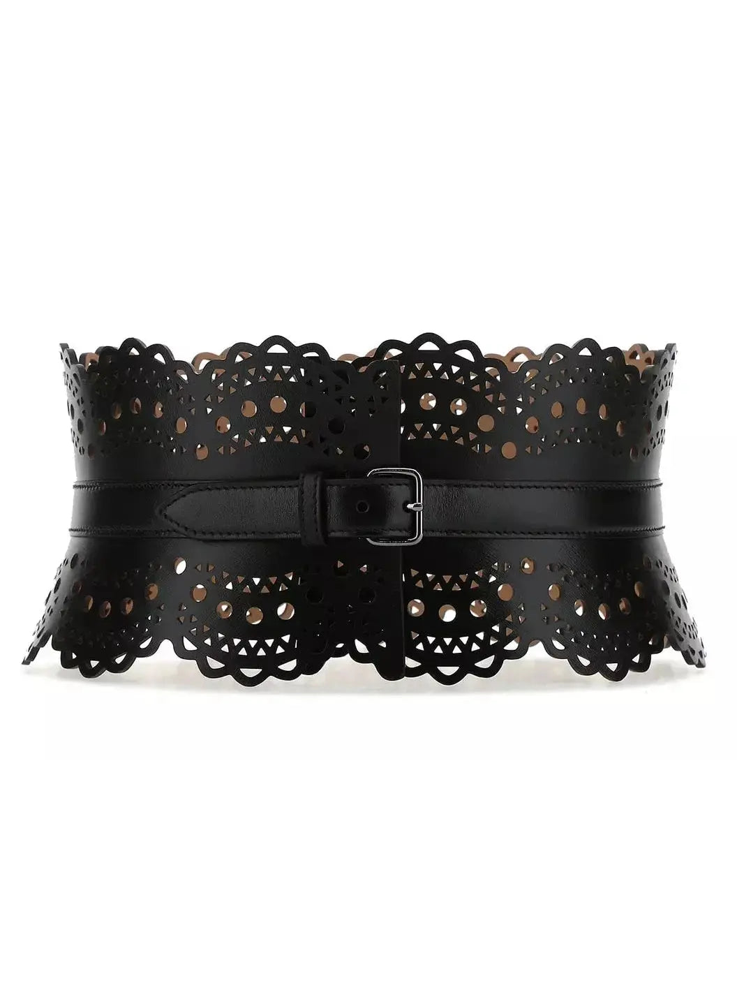 Laser-Cut Leather Corset Waist Belt in Black - Accessories