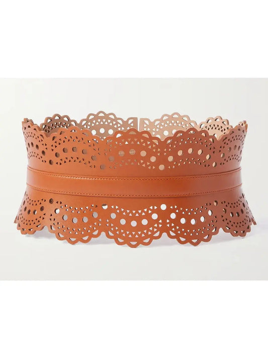 Laser-Cut Leather Corset Waist Belt in Tan - Accessories