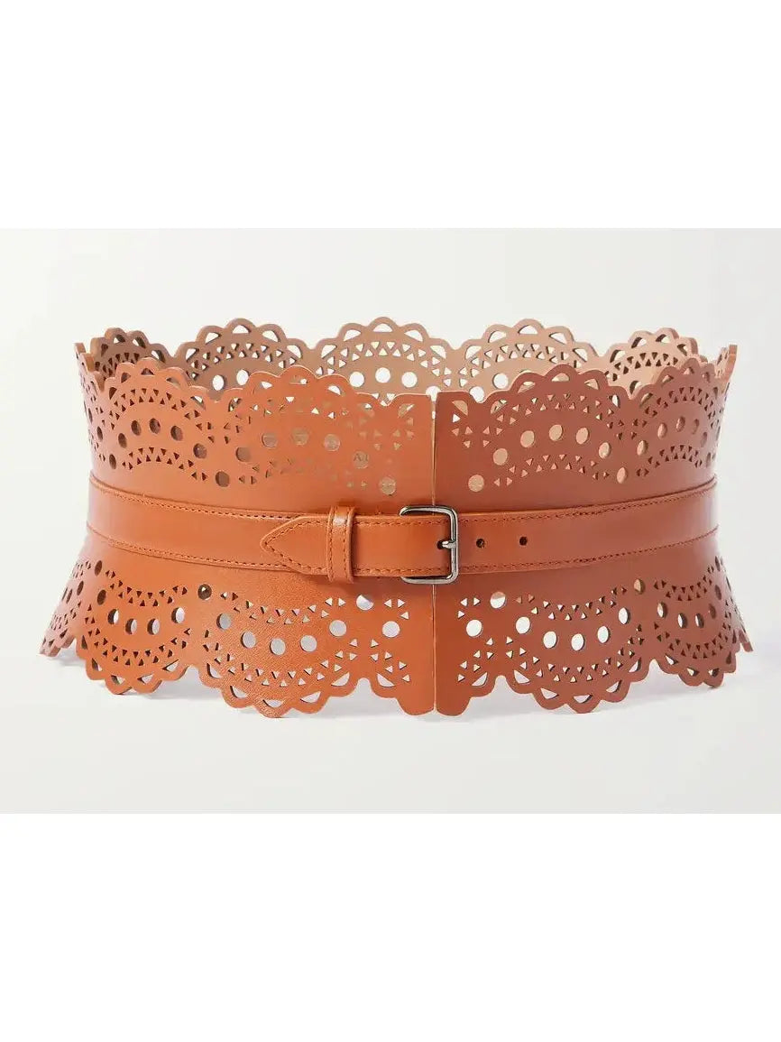 Laser-Cut Leather Corset Waist Belt in Tan - Accessories