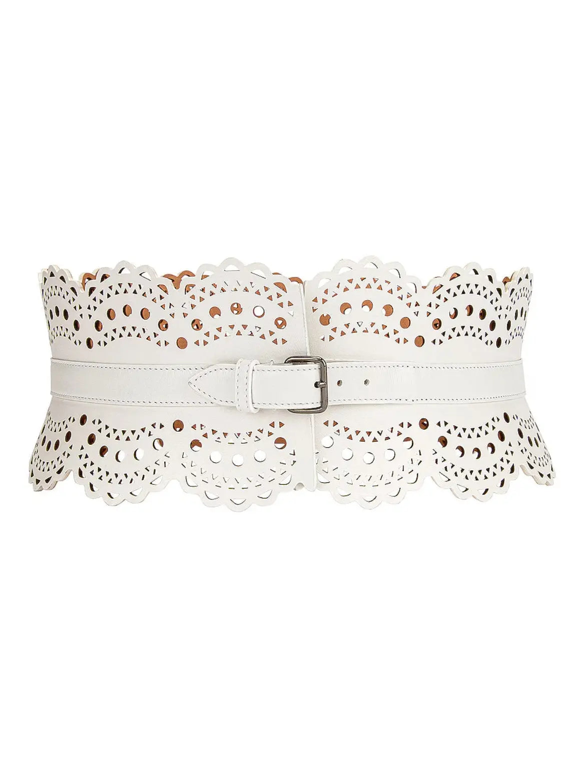 Laser-Cut Leather Corset Waist Belt in White - Accessories