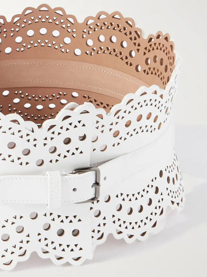 Laser-Cut Leather Corset Waist Belt in White - Accessories