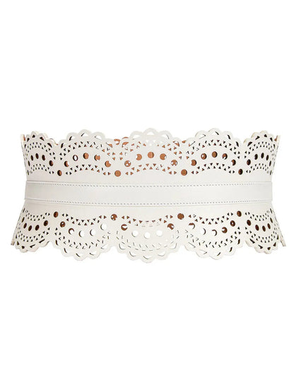 Laser-Cut Leather Corset Waist Belt in White - Accessories