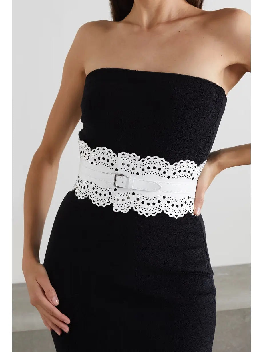 Laser-Cut Leather Corset Waist Belt in White - Accessories