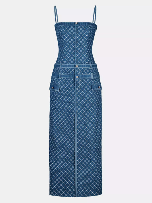 Lattice Pattern Long Denim Sleeveless Dress - Small - Dresses