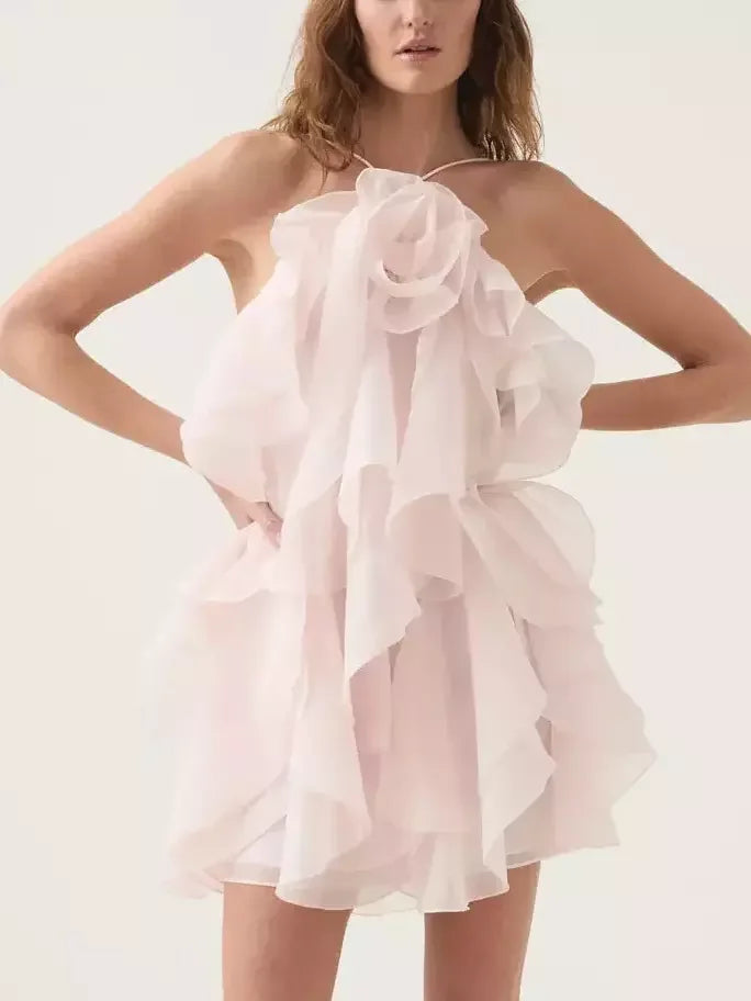 Pale pink ruffled chiffon mini dress with rose applique details for a stylish look