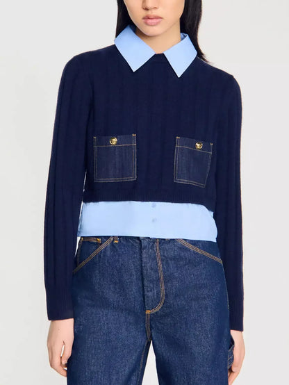 Layered-Effect Sweater with Decorative Denim Pockets - Sweaters & Knitwear