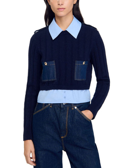 Layered-Effect Sweater with Decorative Denim Pockets - Sweaters & Knitwear