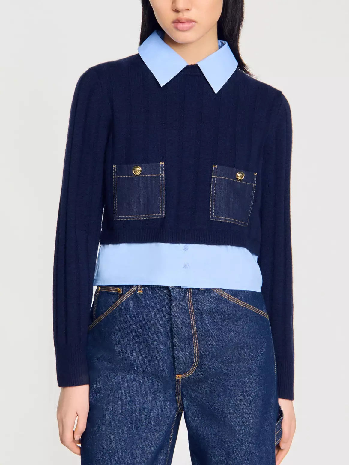 Layered-Effect Sweater with Decorative Denim Pockets - Sweaters & Knitwear