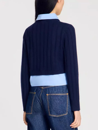 Layered-Effect Sweater with Decorative Denim Pockets - Sweaters & Knitwear