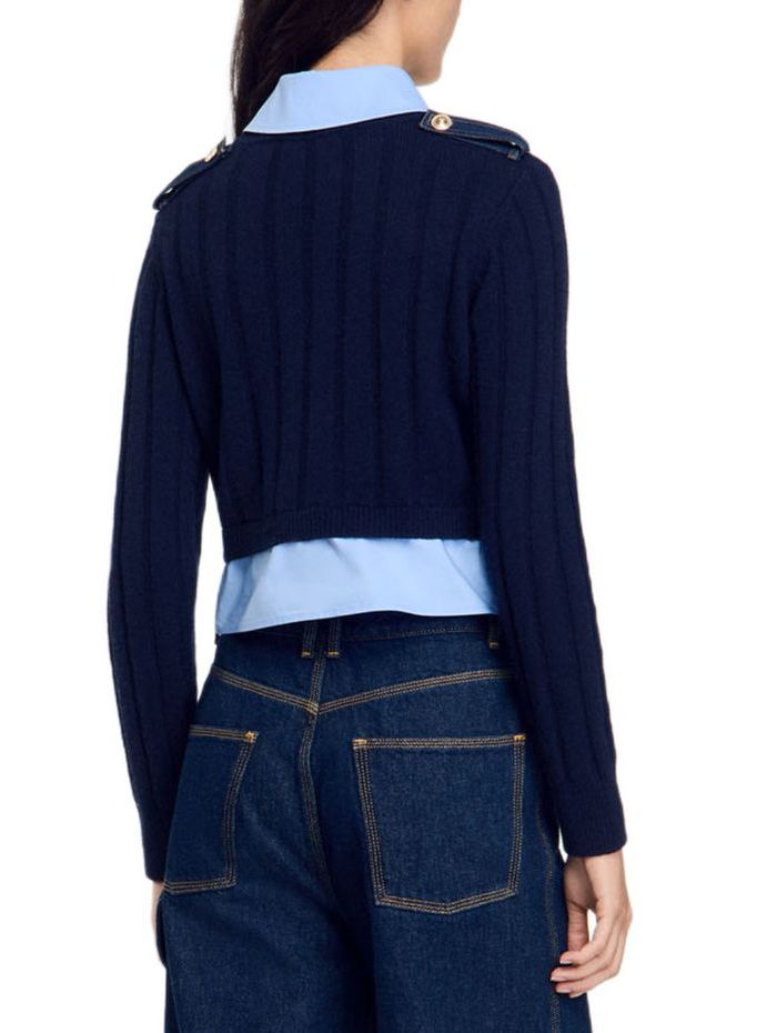 Layered-Effect Sweater with Decorative Denim Pockets - Sweaters & Knitwear