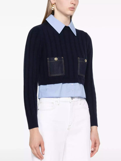 Layered-Effect Sweater with Decorative Denim Pockets - Sweaters & Knitwear