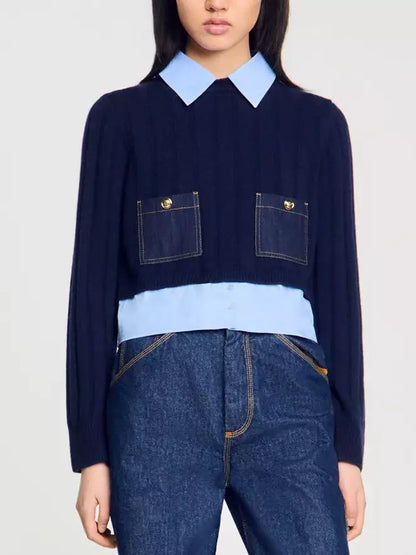 Layered-Effect Sweater with Decorative Denim Pockets - Sweaters & Knitwear