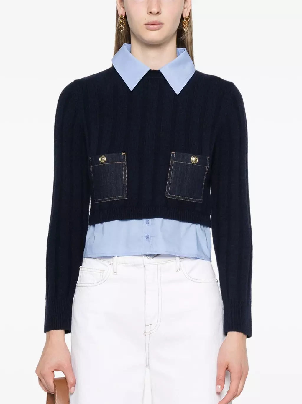 Layered-Effect Sweater with Decorative Denim Pockets - Sweaters & Knitwear