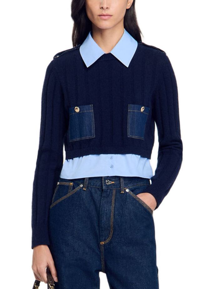 Layered-Effect Sweater with Decorative Denim Pockets - Sweaters & Knitwear