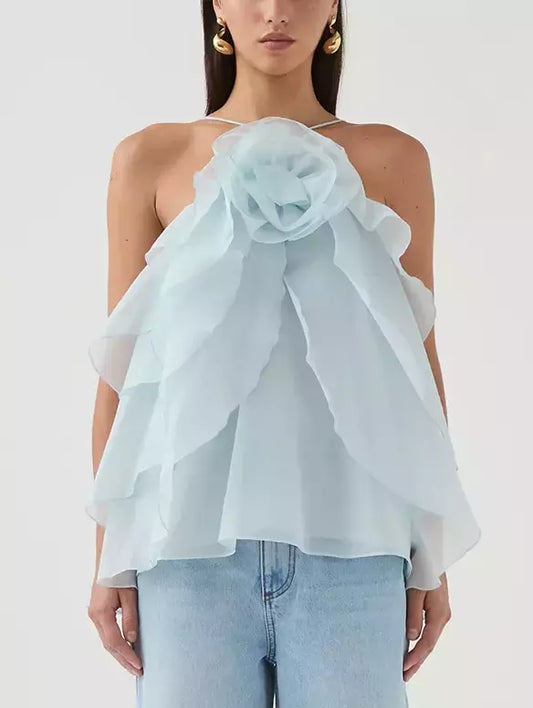 Layered Floral Applique Halter Top - S - Tops