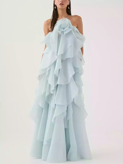 Layered Floral Applique Long Halter Dress - Dresses