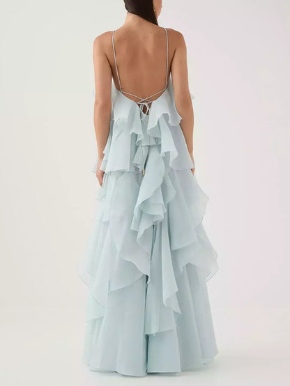 Layered Floral Applique Long Halter Dress - Dresses