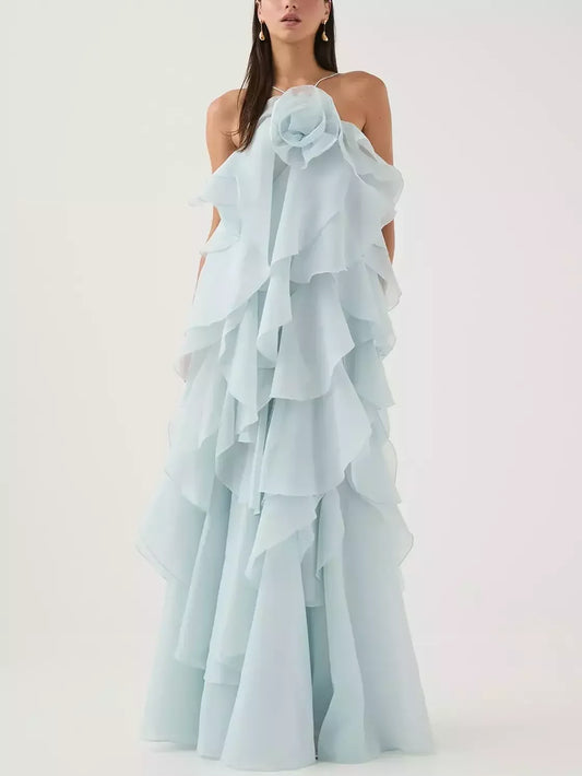 Layered Floral Applique Long Halter Dress - S - Dresses